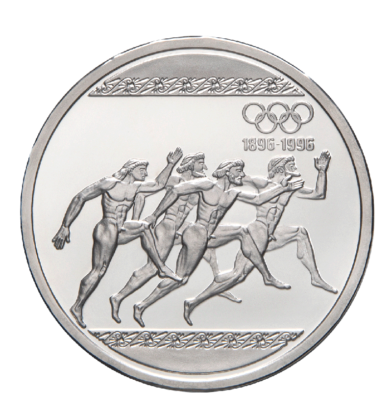 Commemorative 1,000 drachmas silver coin, issued in 1996, for the anniversary of the 100 years of the modern Olympic Games, Bank of Greece