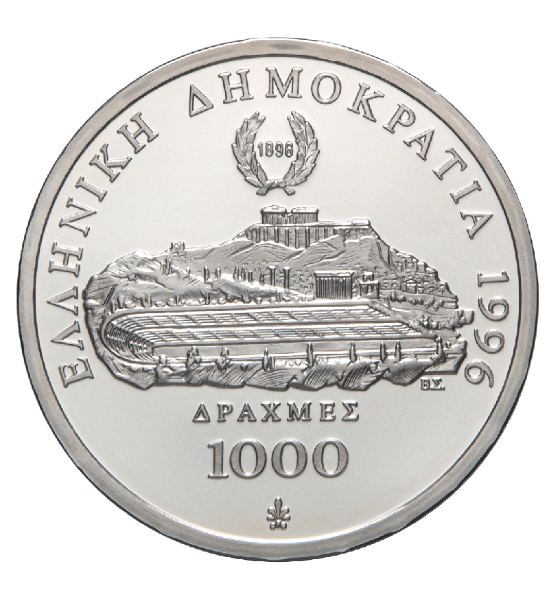 Pièce commémorative en argent de 1.000 drachmes, émise en 1996, à l’occasion du 100ème anniversaire des premiers Jeux olympiques modernes, Banque de Grèce