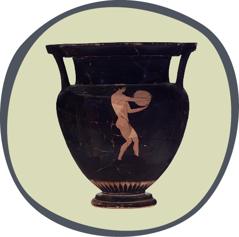 Red figure krater (wine mixing bowl) depicting a flute player and a discus thrower