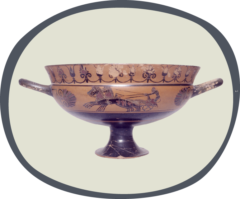 Kylix attique à figures noires avec représentation d’une course de chars