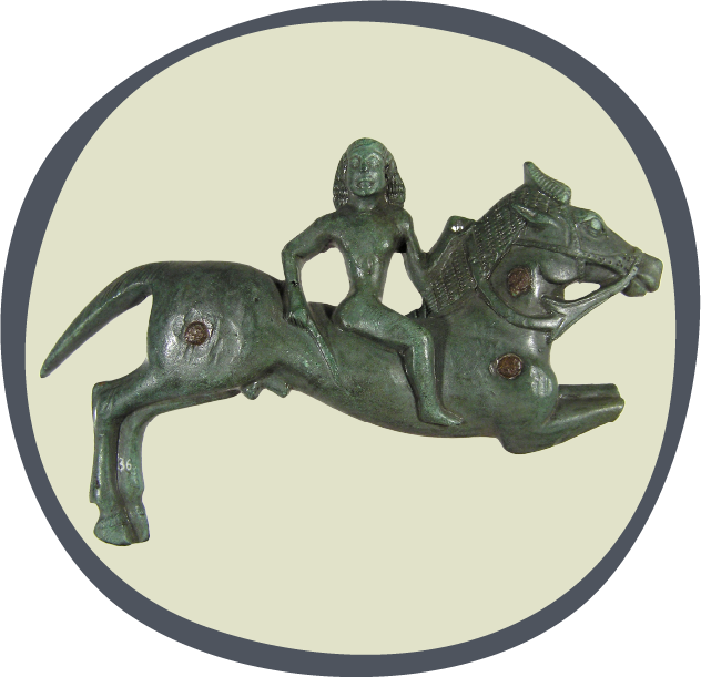 Relief en bronze d'un cheval avec cavalier