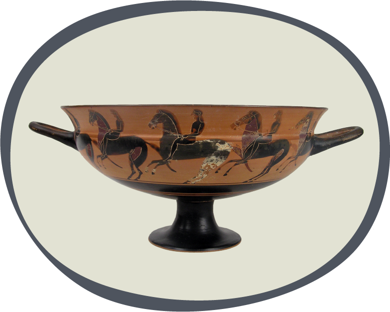 Kylix attique à figures noires avec représentation de course équestre