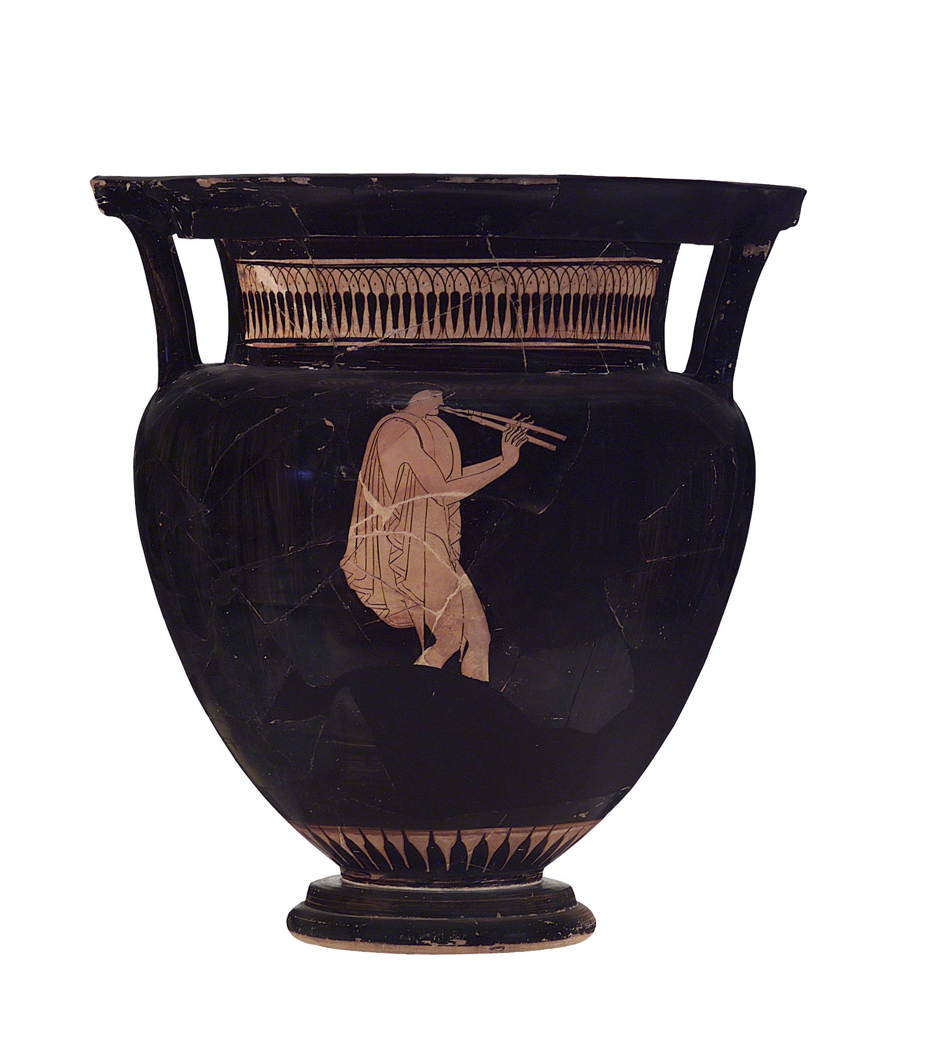 Red figure krater (wine mixing bowl) depicting a flute player and a discus thrower