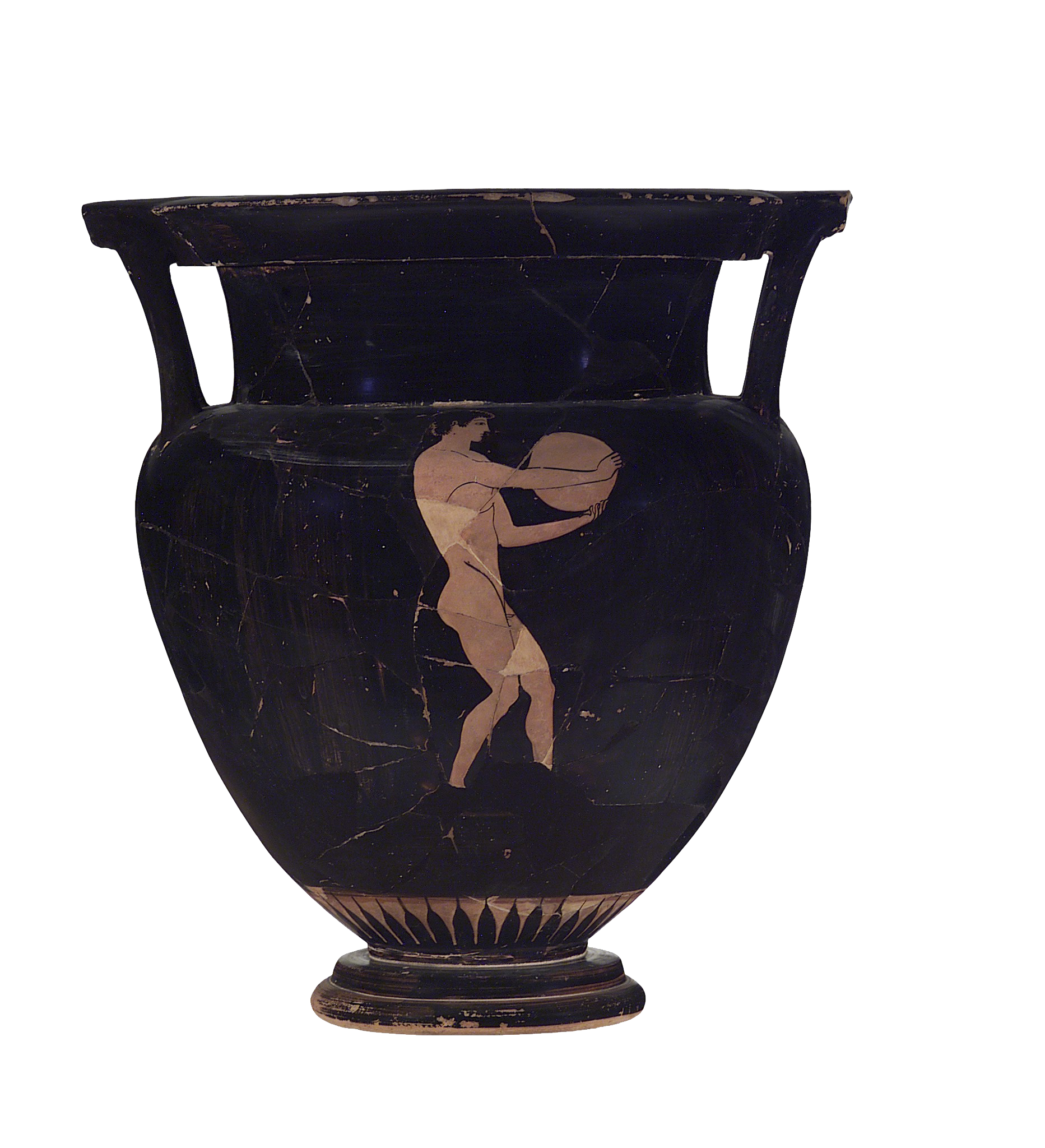 Red figure krater (wine mixing bowl) depicting a flute player and a discus thrower