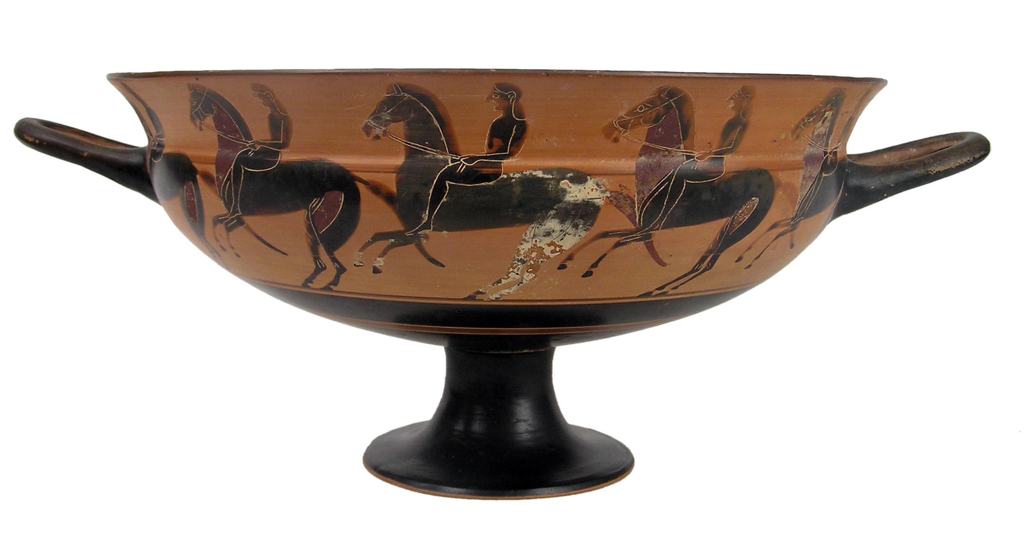 Kylix attique à figures noires avec représentation de course équestre