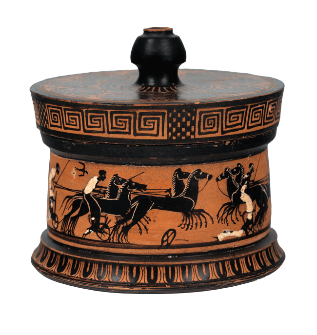 Attic black-figure pyxis depicting a chariot race