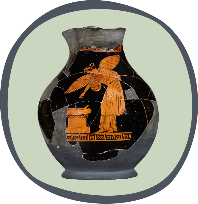 Red figured oinochoe (wine jug) depicting Nike at an altar