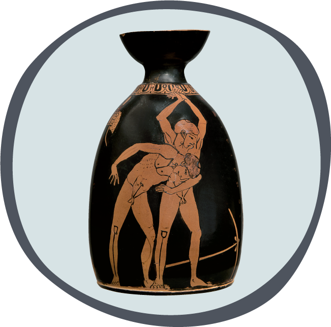 Attic red-figure aryballos depicting a palaestra scene