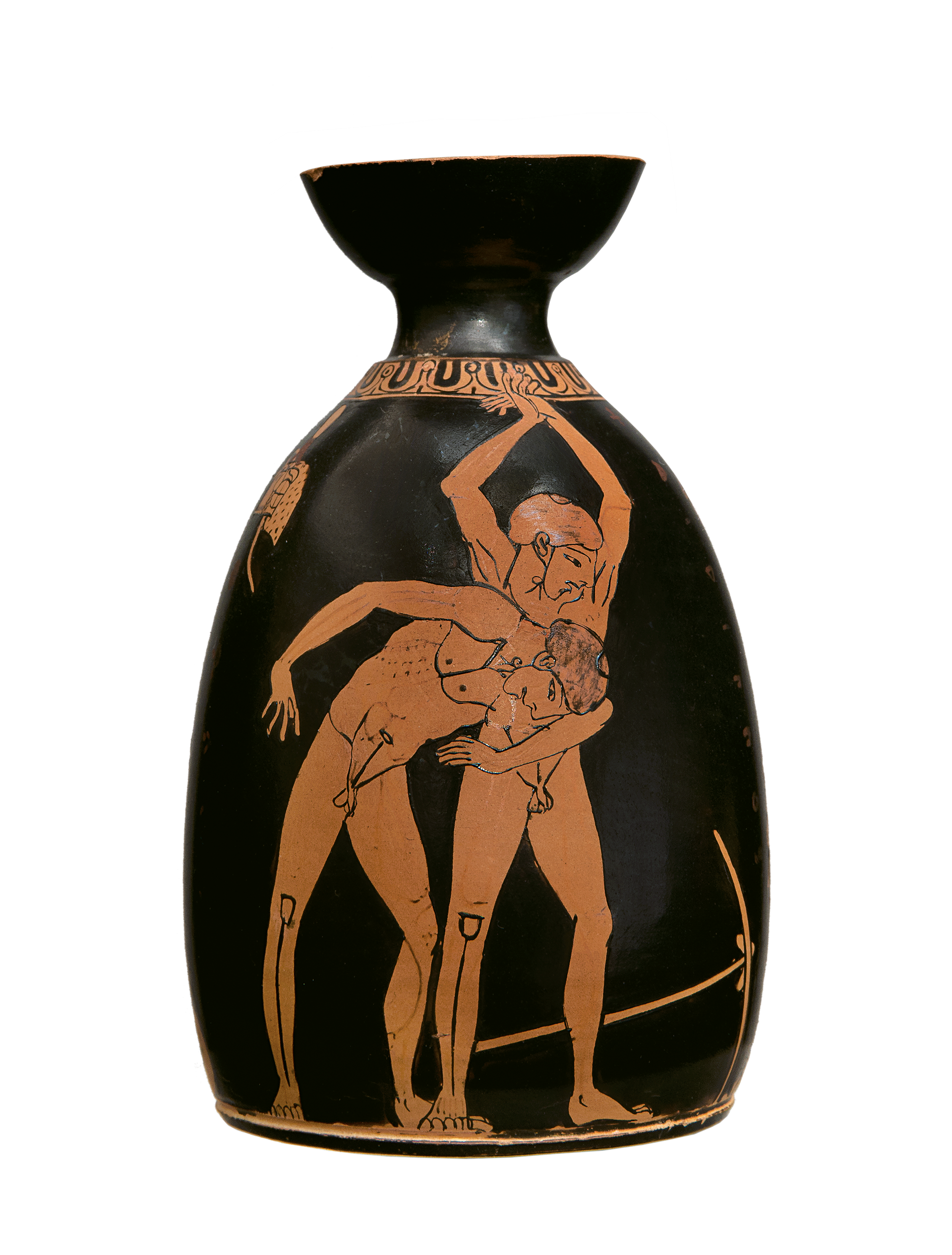 Attic red-figure aryballos depicting a palaestra scene