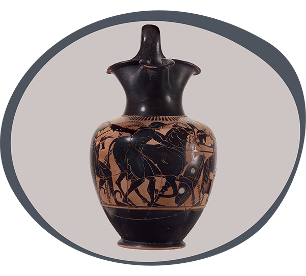 Black figure oinochoe (wine jug) depicting Heracles with the Cretan bull between Athena and Hermes