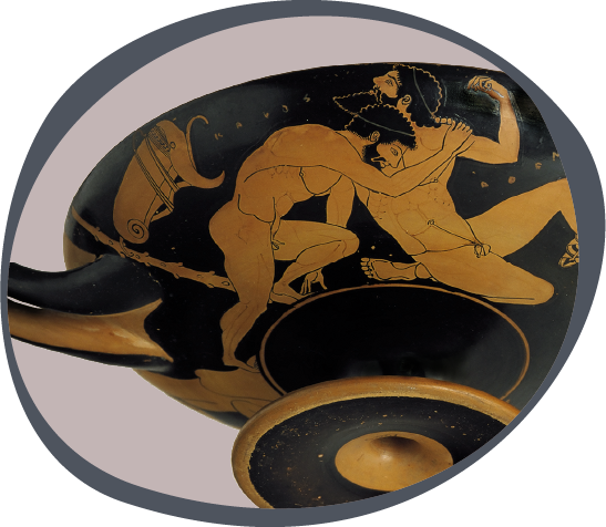 Attic red-figure cup depicting Heracles against Antaios