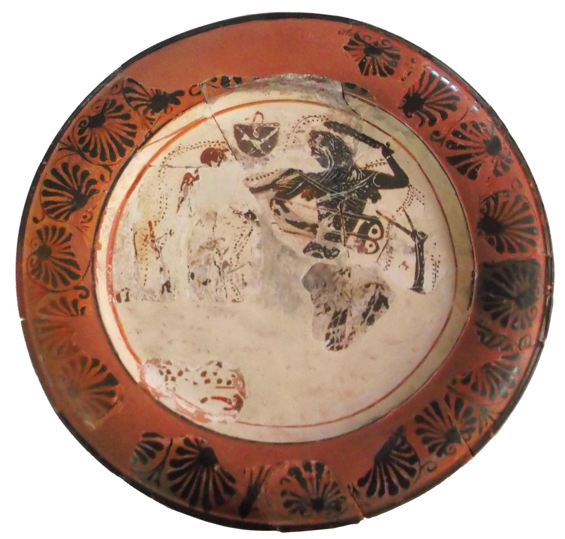 Black-figure plate (pinakion) depicting the dispute between Heracles and Apollo over the Delphic tripod