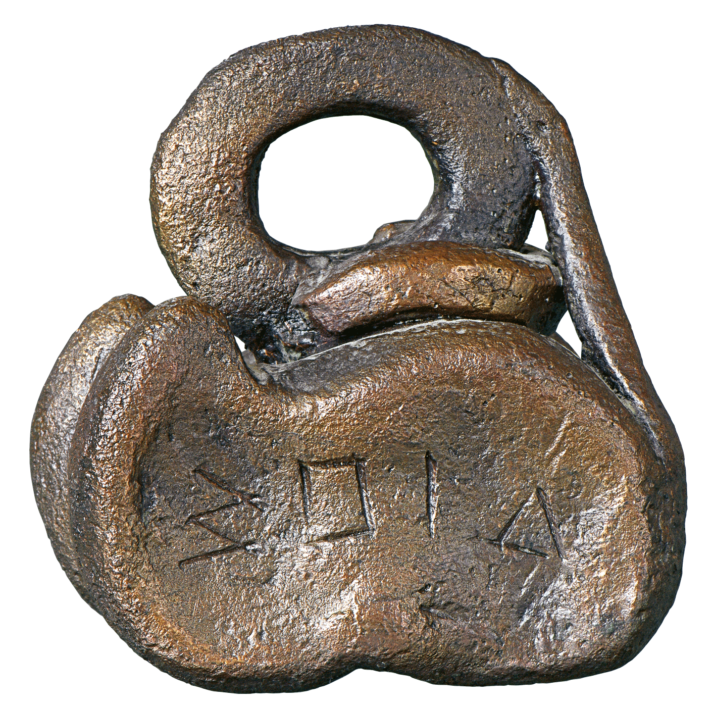 Ankle-shaped bronze weight with engraved inscription “ΔΙΟΣ” (for Zeus) 